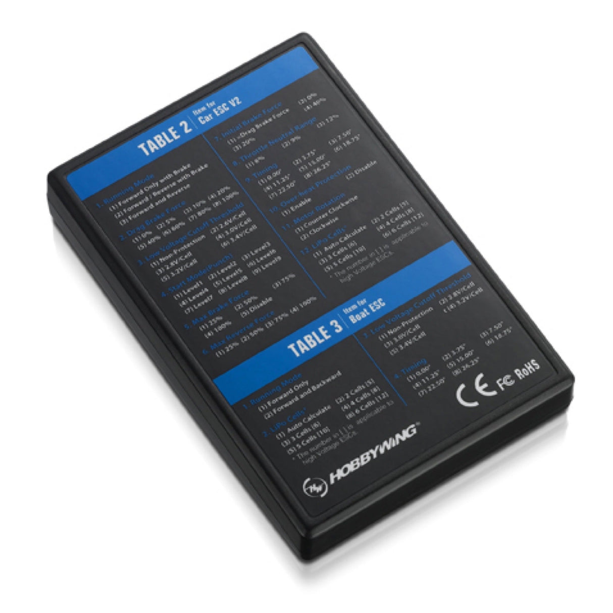 Hobbywing electronic device with text and branding on a white background