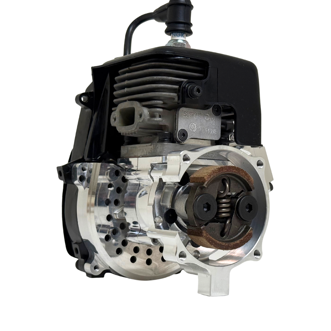 Front view of the HPRC 38cc race ported Fujiwara engine showing the raw silver billet clutch bell with exposed clutch shoes, spring and cylinder fins
