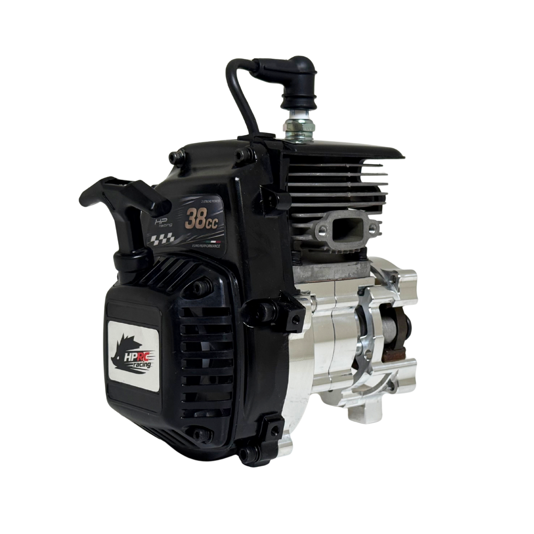 HPRC 38cc race ported Fujiwara engine, rear view showing the black cylinder cover, "38cc" HPRC Racing decal and raw silver billet clutch bell edge