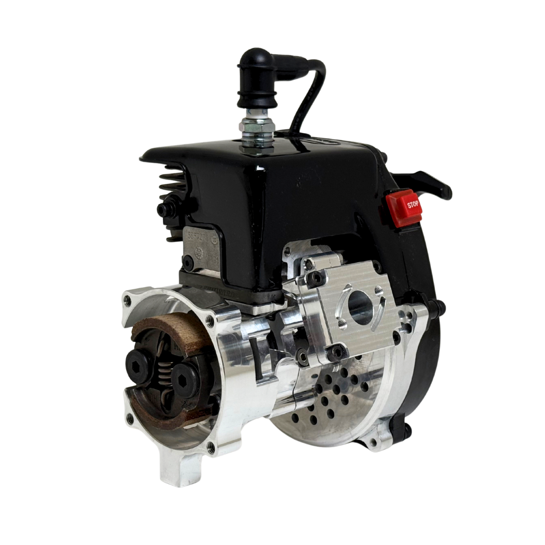 HPRC billet reed case 38cc race ported Fujiwara engine, side view showing the raw silver reed case, black cylinder cover, pull-start handle and red stop switch