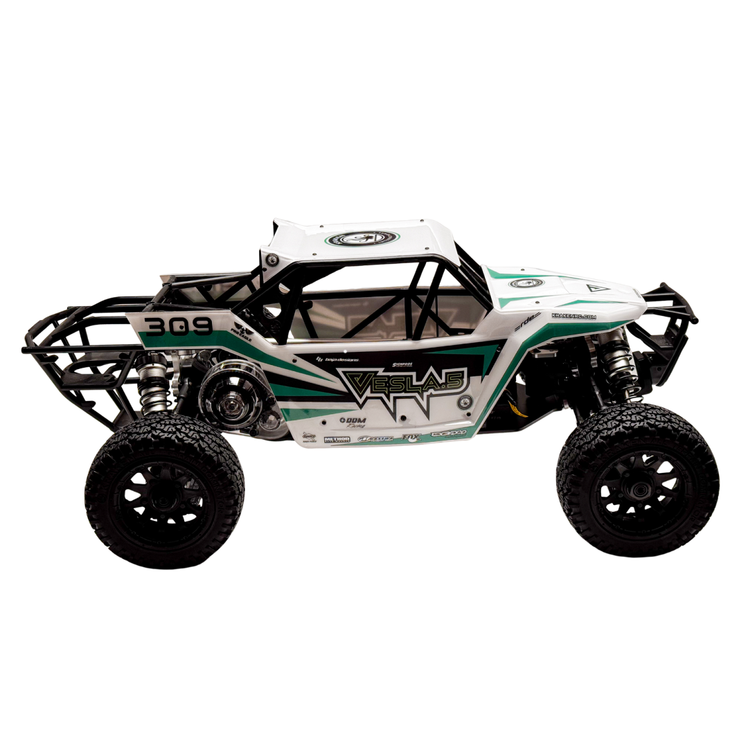 Model off-road vehicle with green and white design on a white background
