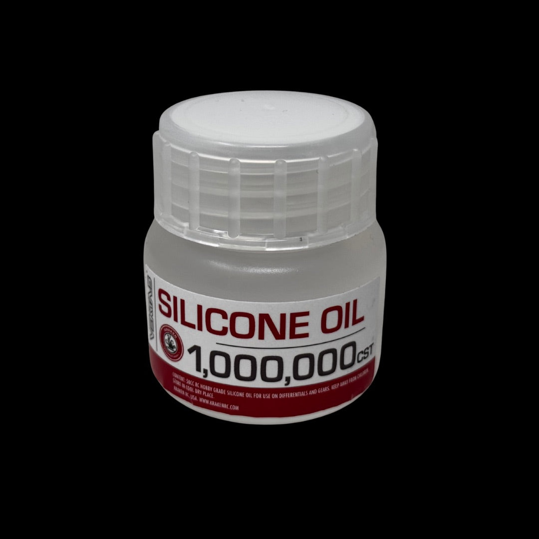 Jar of silicone oil with a white label on a black background