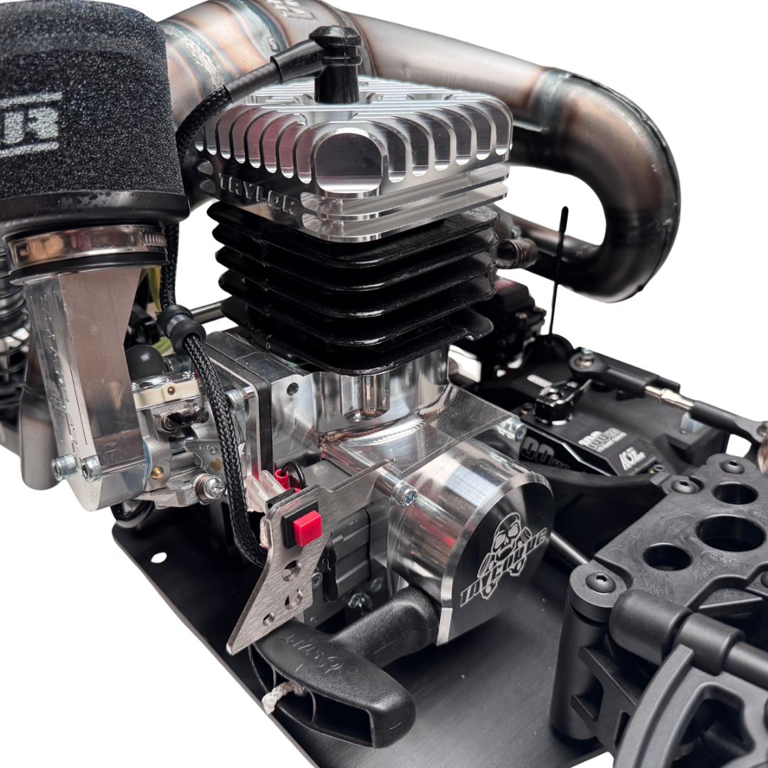 Close-up of a detailed engine block with visible branding on a white background