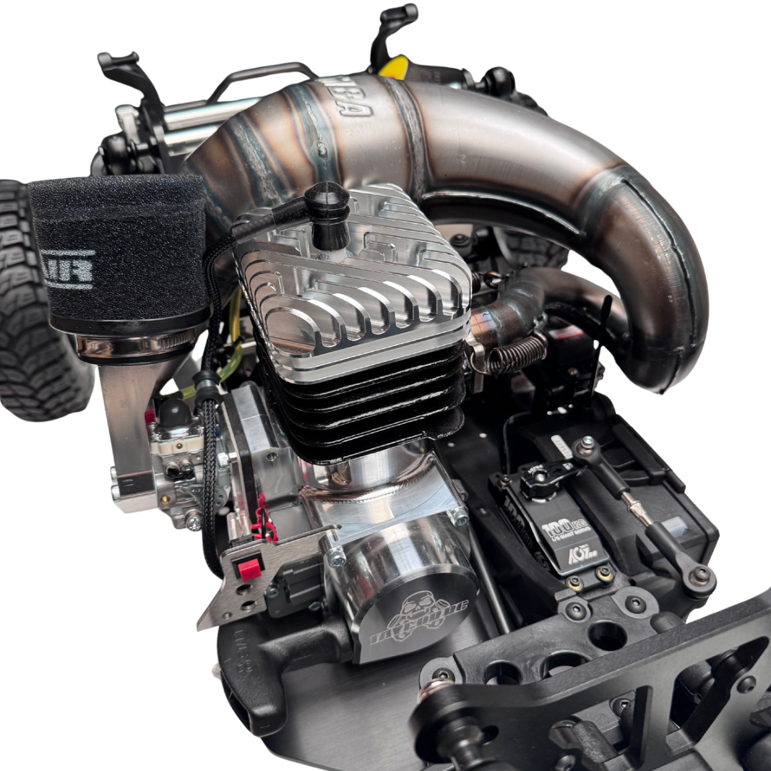 Close-up of a high-performance engine with visible branding on a white background