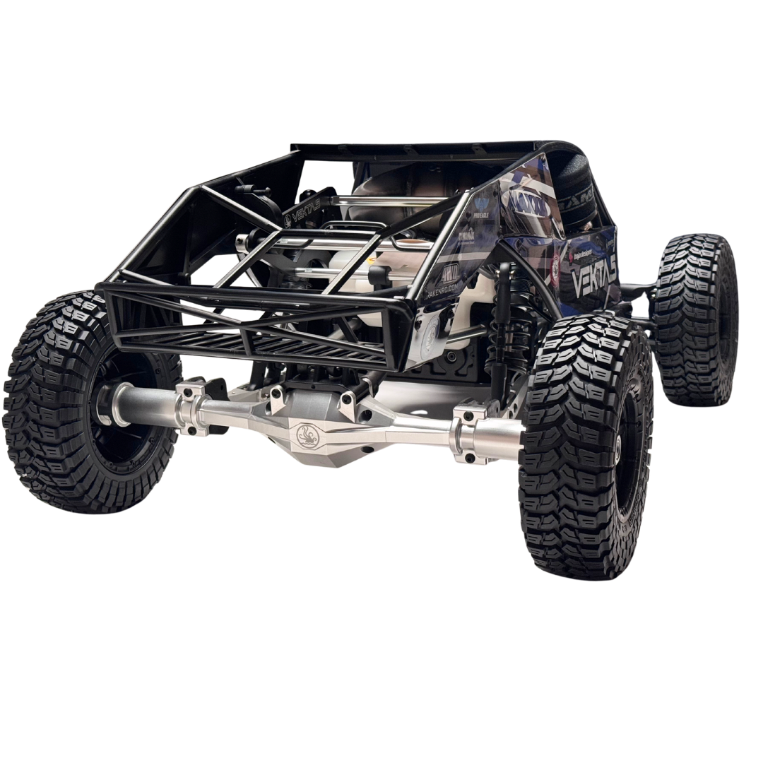 Black off-road vehicle chassis with large tires on a white background