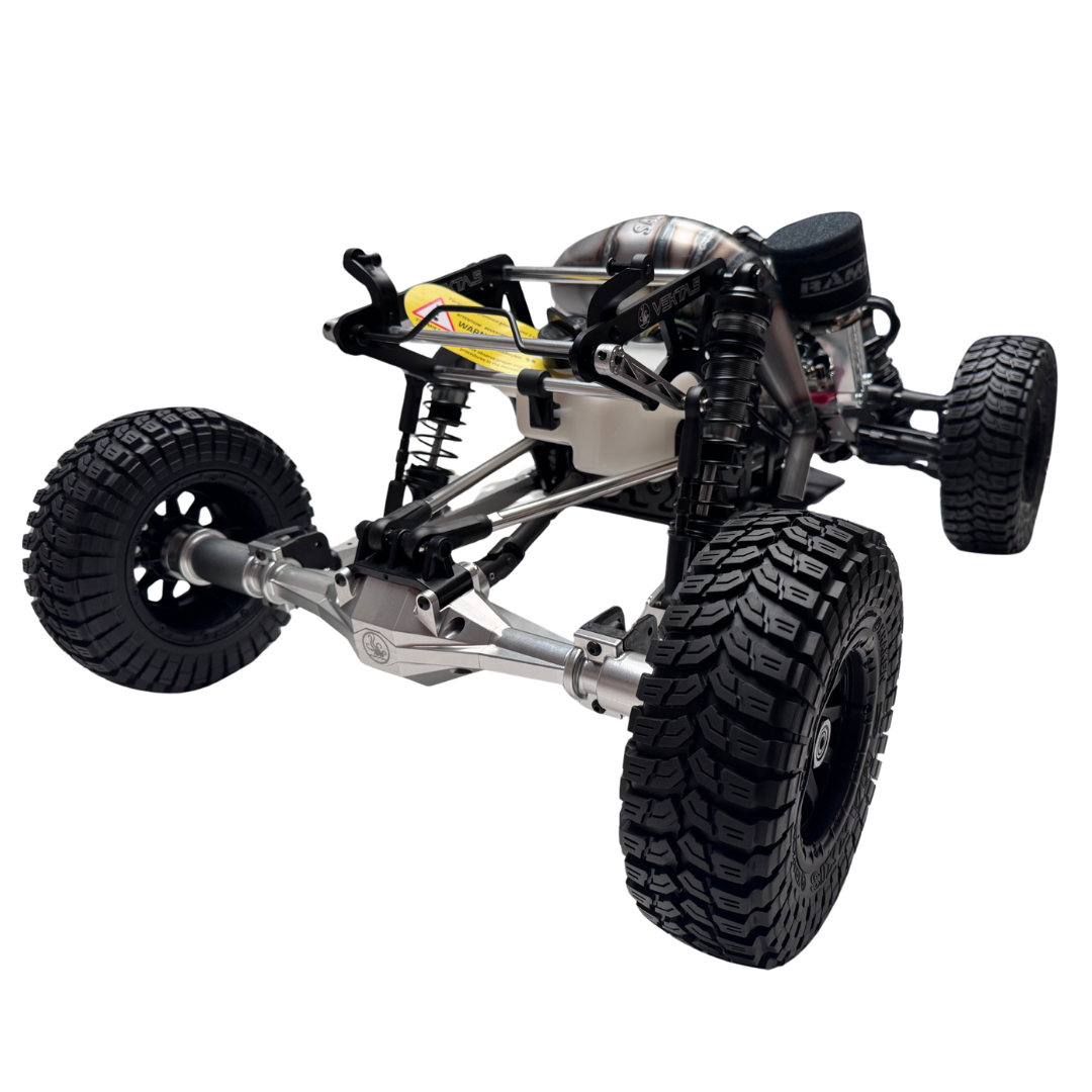 Model of a four-wheeled vehicle chassis with large black tires on a white background
