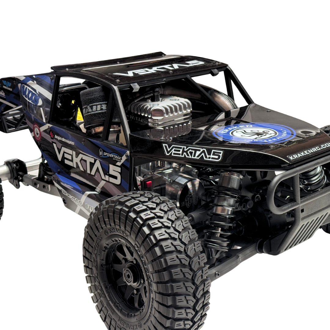 Black and blue off-road RC car with 'VEKTA' branding on a white background