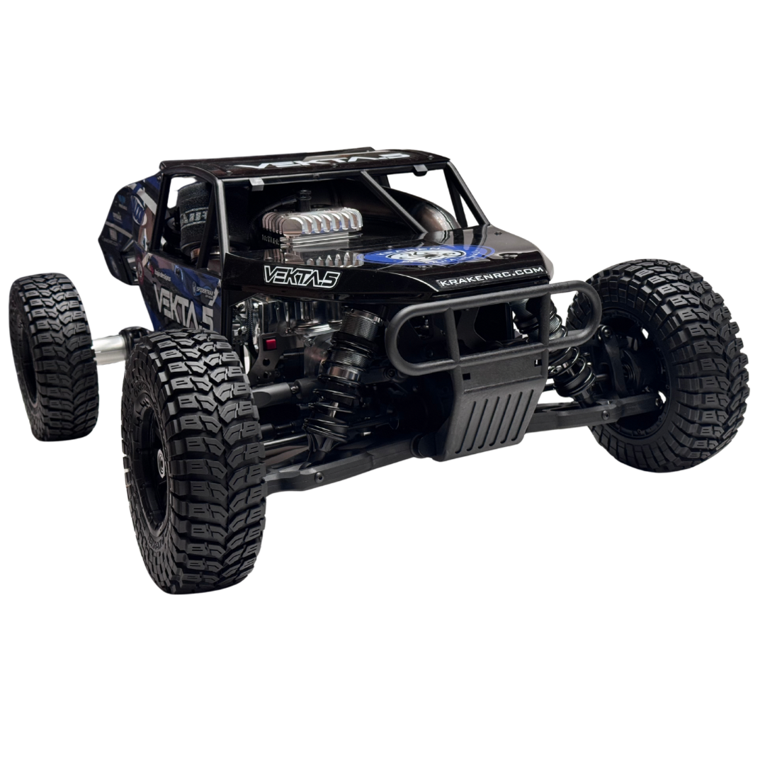 Black off-road model vehicle with large tires on a white background