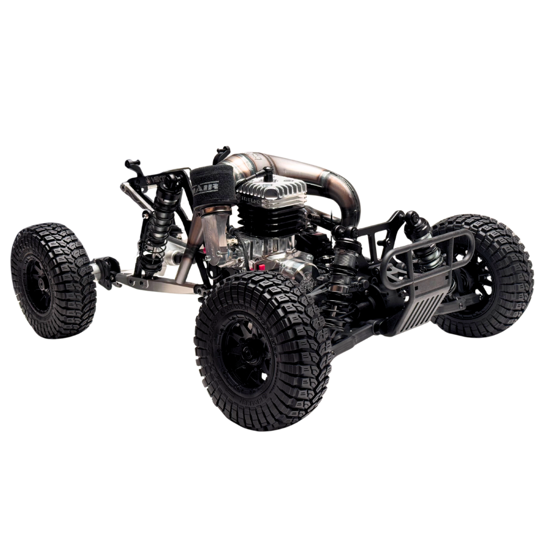 Model of a four-wheeled vehicle chassis with large tires on a white background