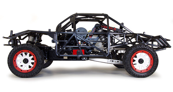 Black off-road vehicle chassis with red wheels on a white background