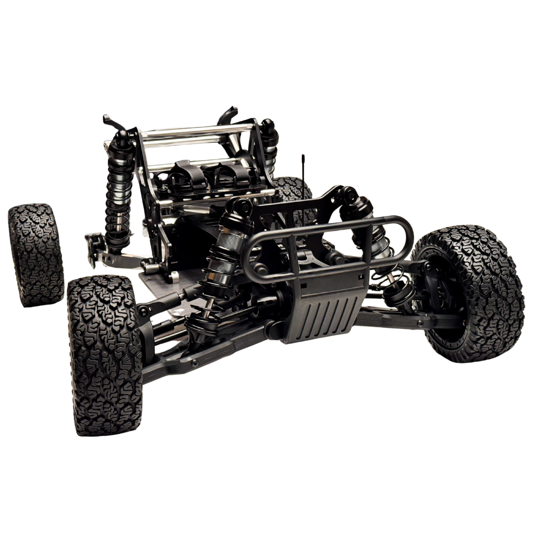 Black off-road RC car chassis on a white background