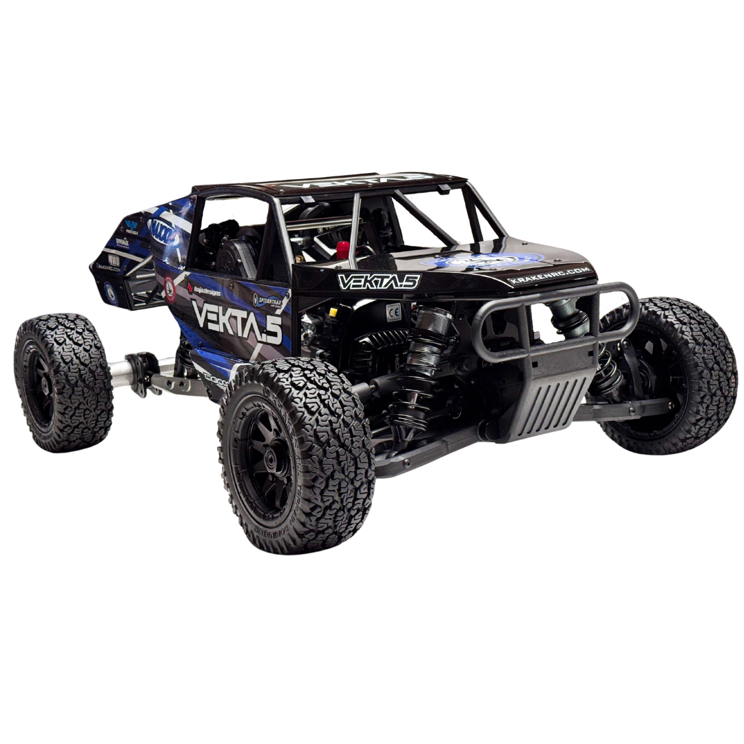 Black and blue off-road RC car with 'Vekta' branding on a white background