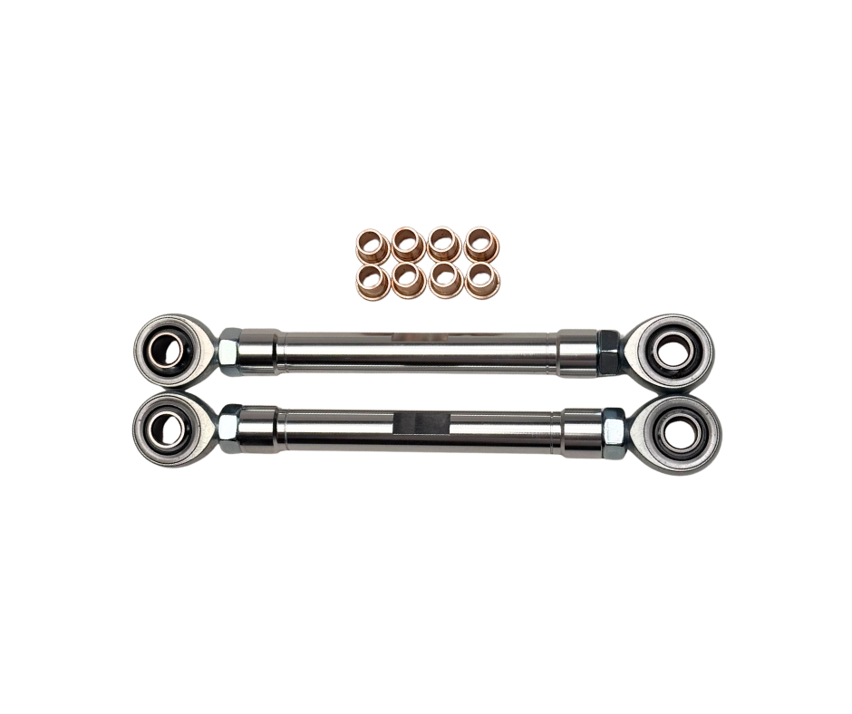 Two metal rod joints with small metal washers on a white background