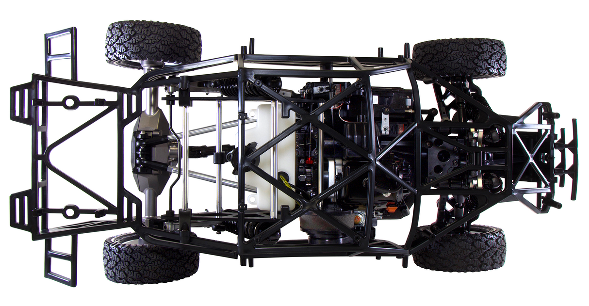 Black off-road vehicle chassis with suspension and tires on a white background