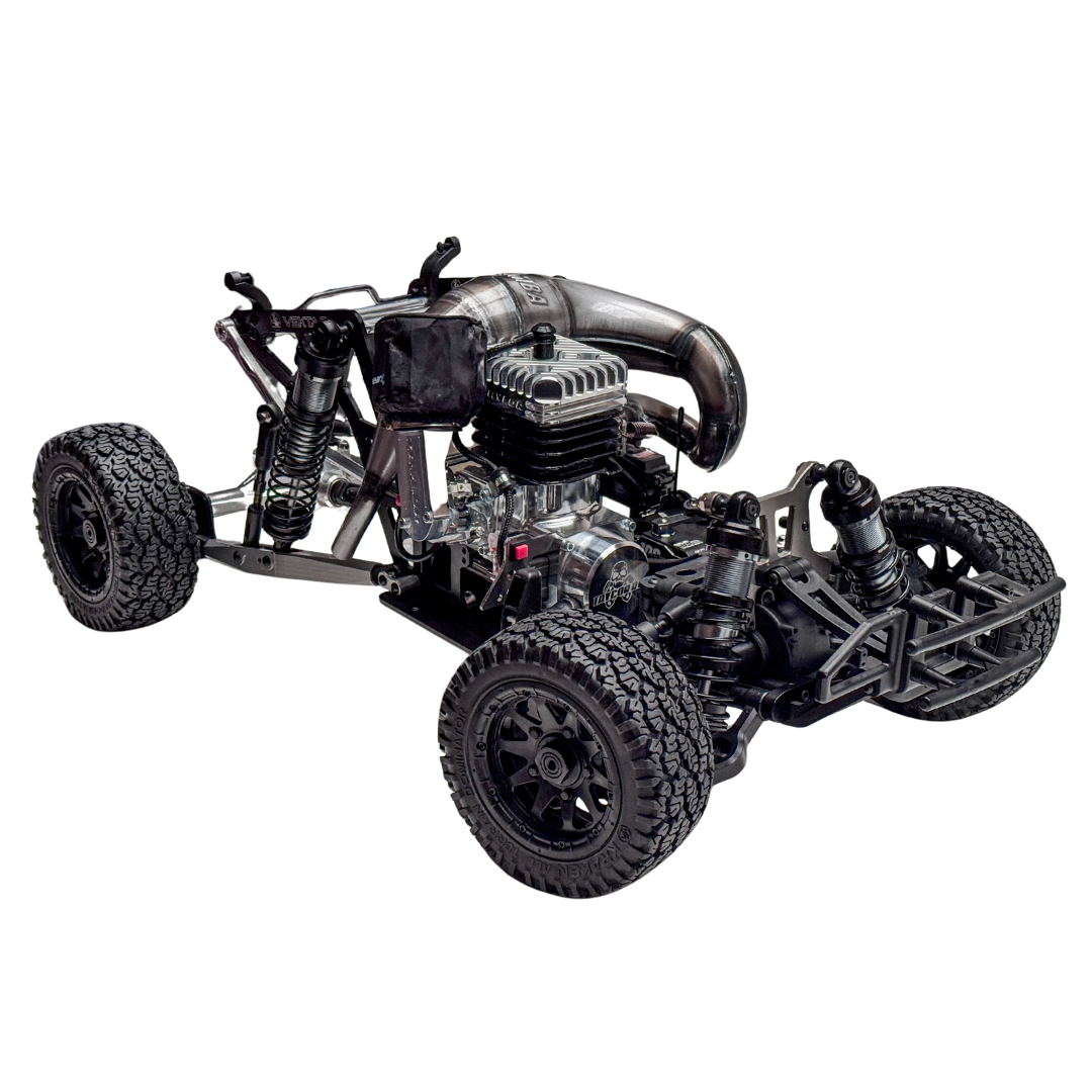 Model car chassis with engine on a white background