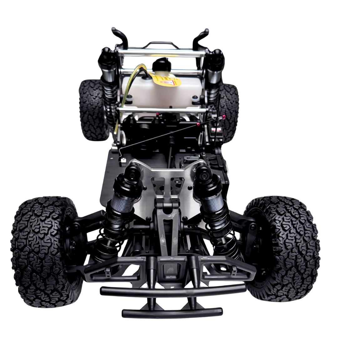 Top view of a black off-road vehicle chassis on a white background