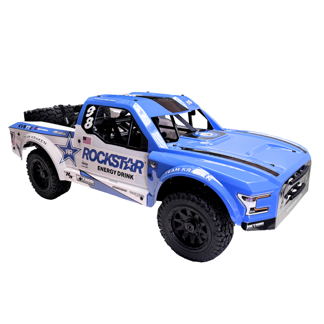 Blue and white off-road truck with Rockstar Energy Drink branding on a white background