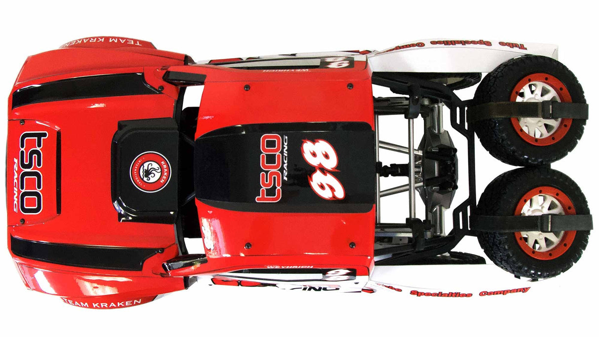 Red and black RC car with visible branding on a white background