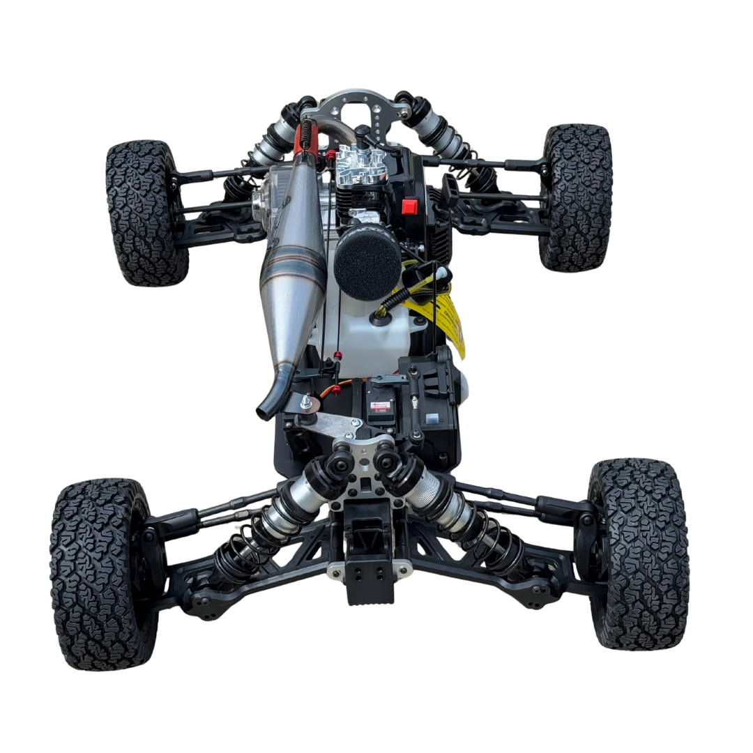 Top view of a remote control car chassis on a white background