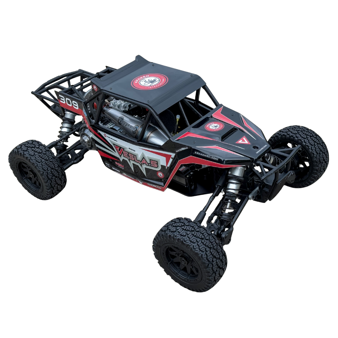 Black and red off-road RC car on a white background