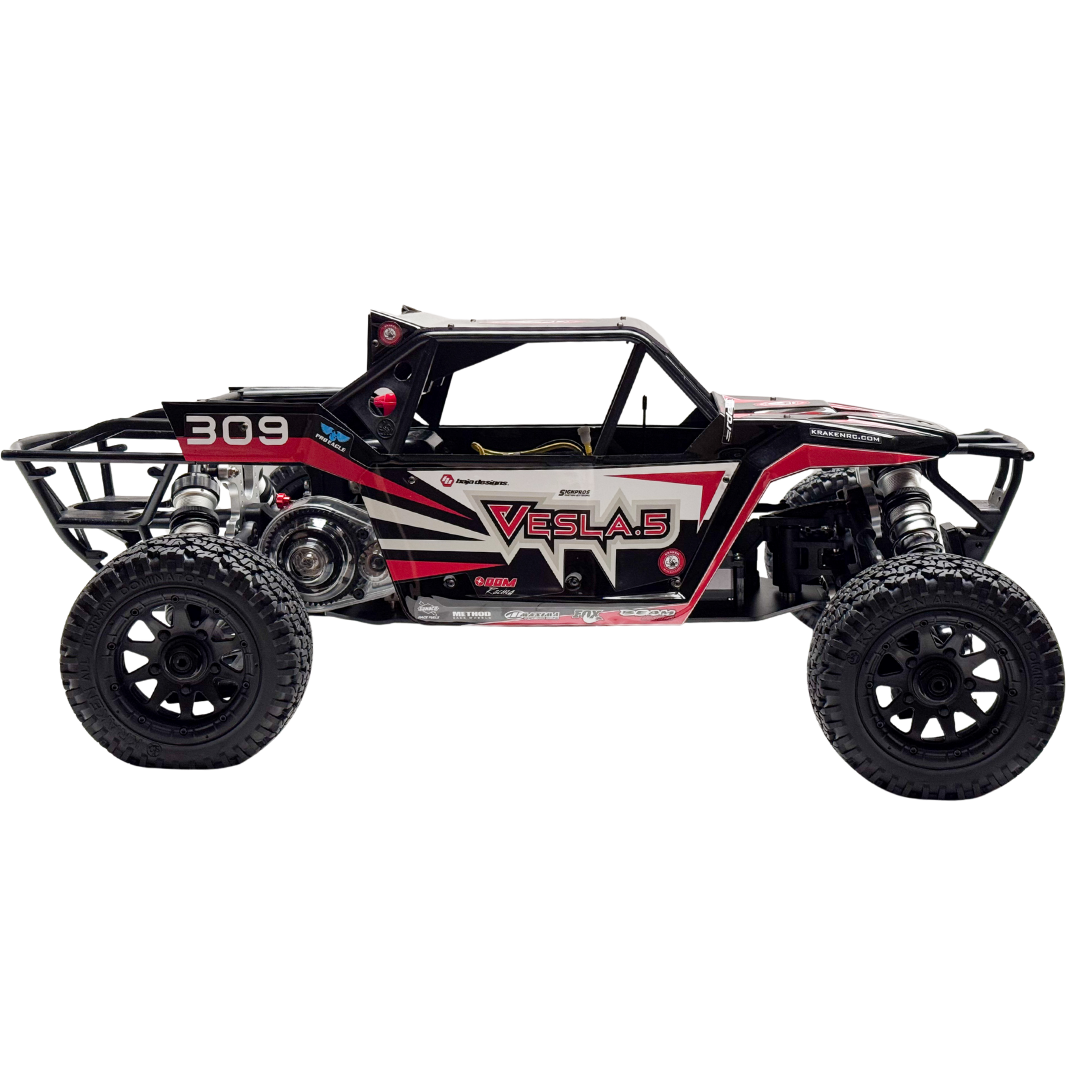 Model off-road truck with black, red, and white design on a white background