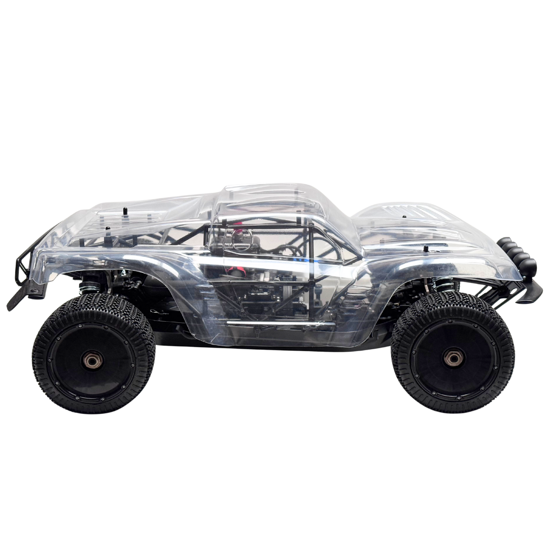 Clear remote control car chassis on a white background