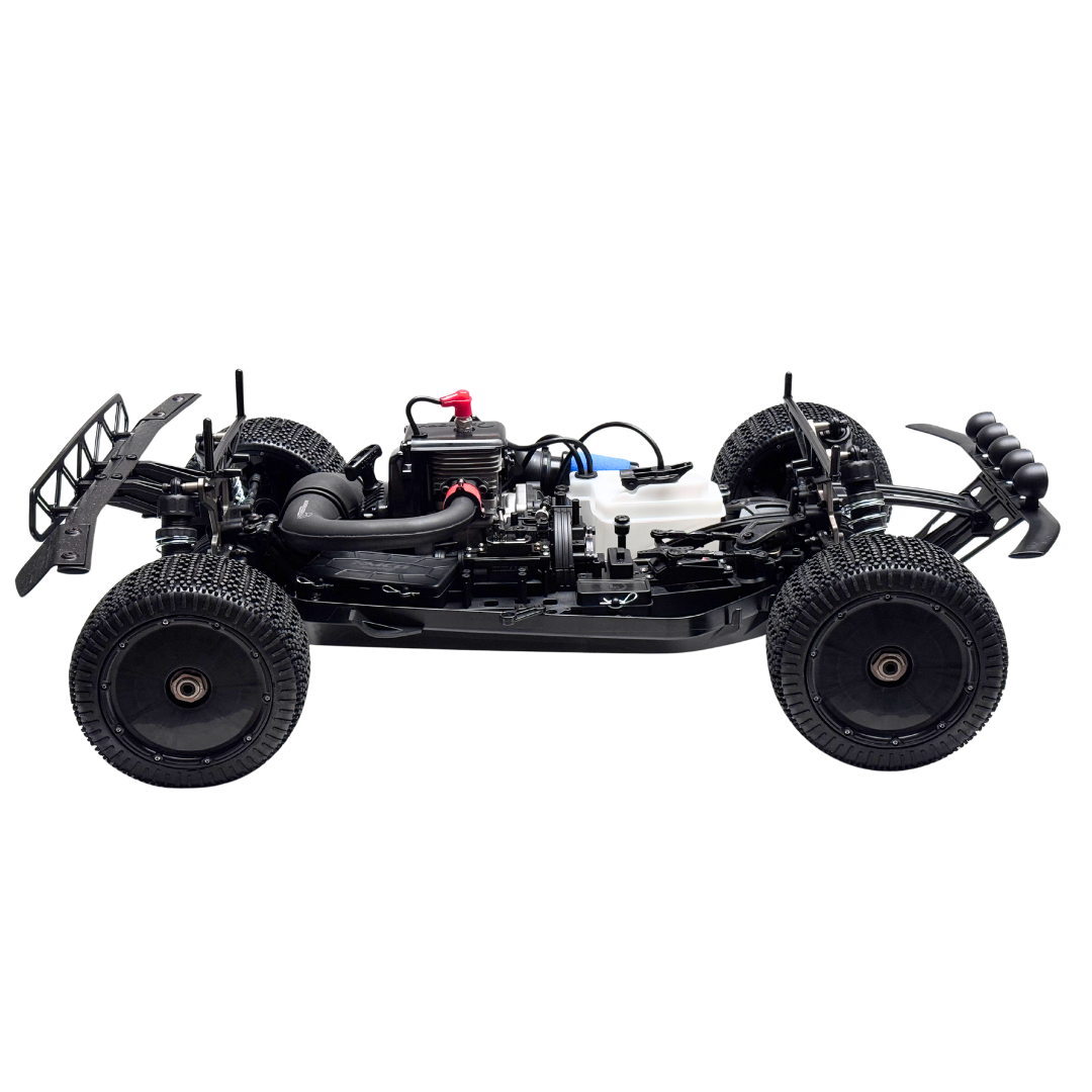Black off-road RC car chassis on a white background