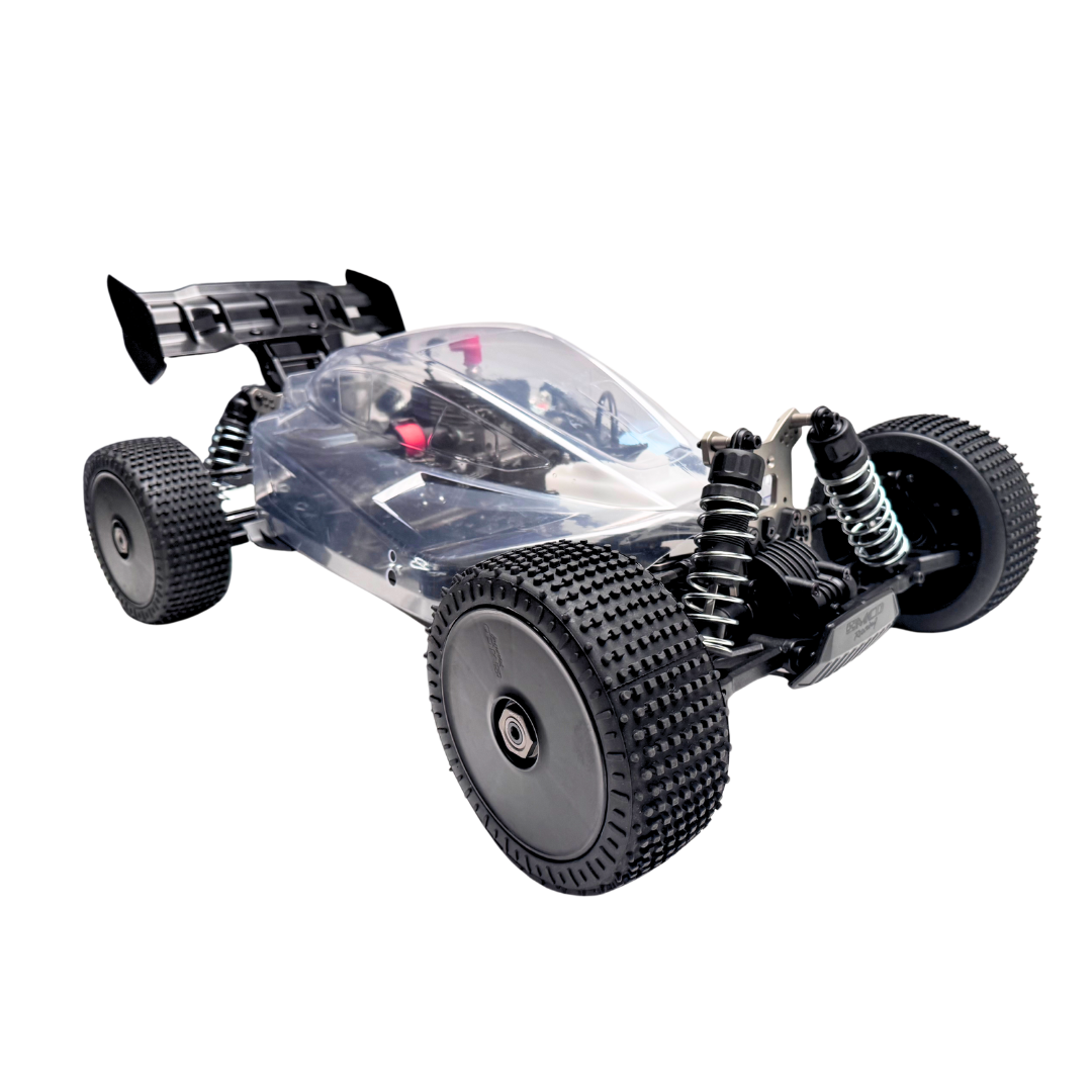 Clear body of a model car with black wheels on a white background