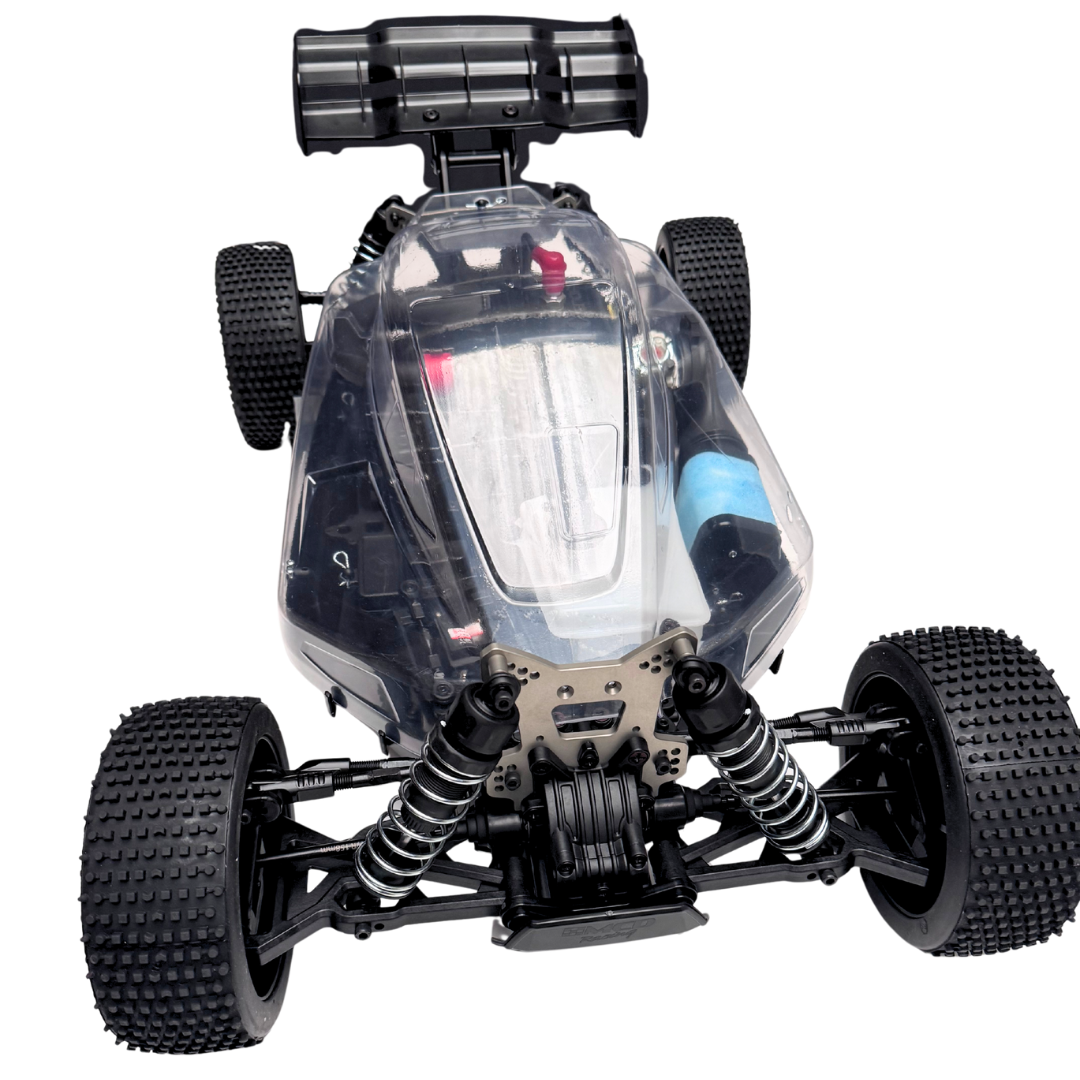 Model of a four-wheeled vehicle with a transparent front section on a white background