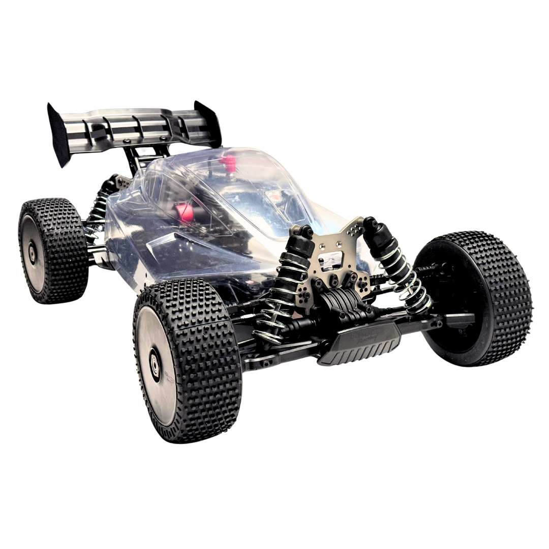 Clear body of a remote control car with visible chassis on a white background
