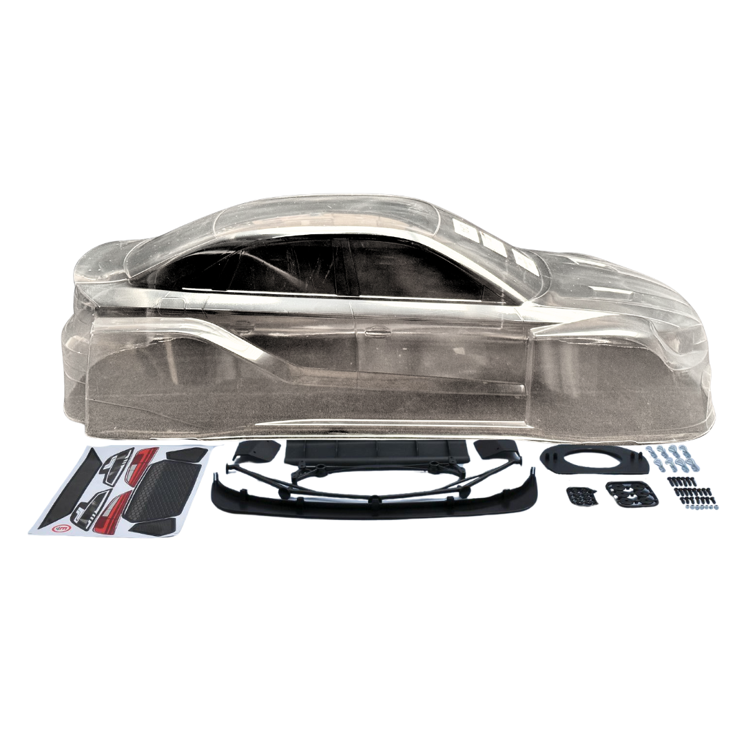 Clear plastic car body shell with black parts and accessories on a white background