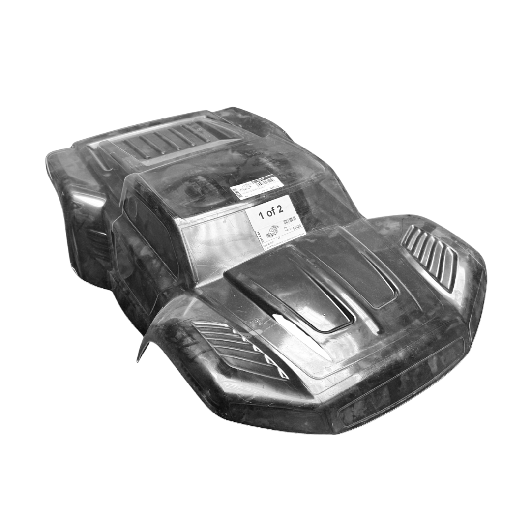 Clear plastic car body shell with branding on a white background