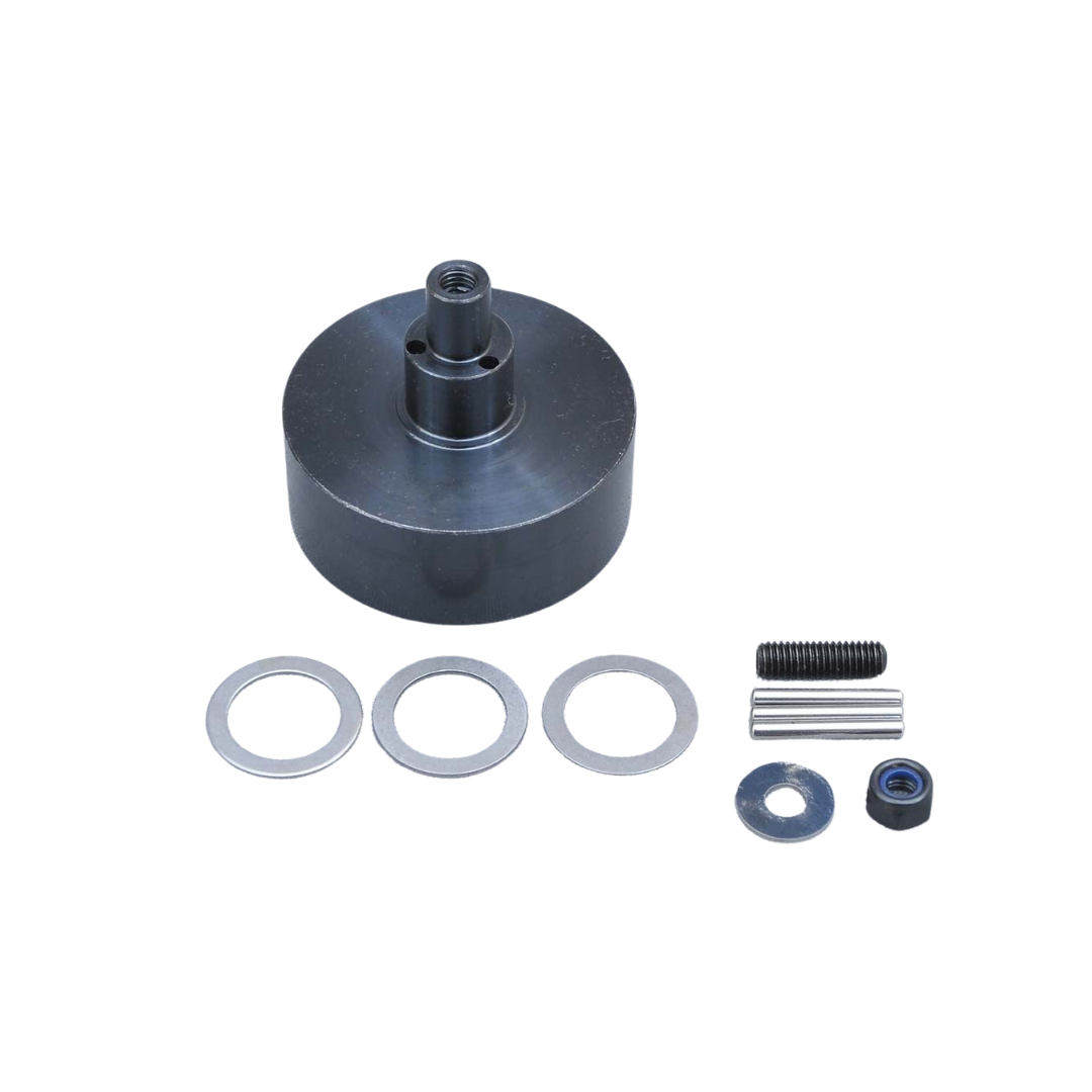 Mechanical component kit with a large cylindrical part and smaller components on a white background