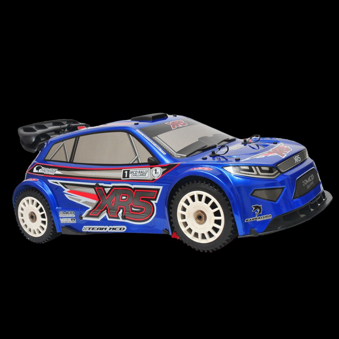 MCD XR5 Rally car with blue body shell and knobby tires