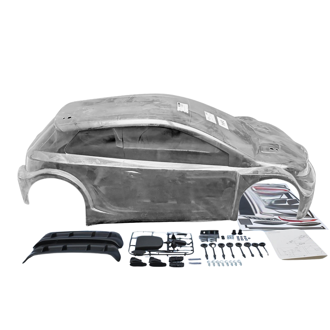 Car body kit with various components on a white background
