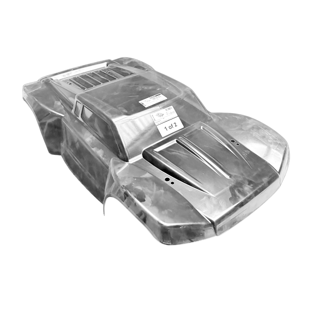 Clear plastic model car body on a white background