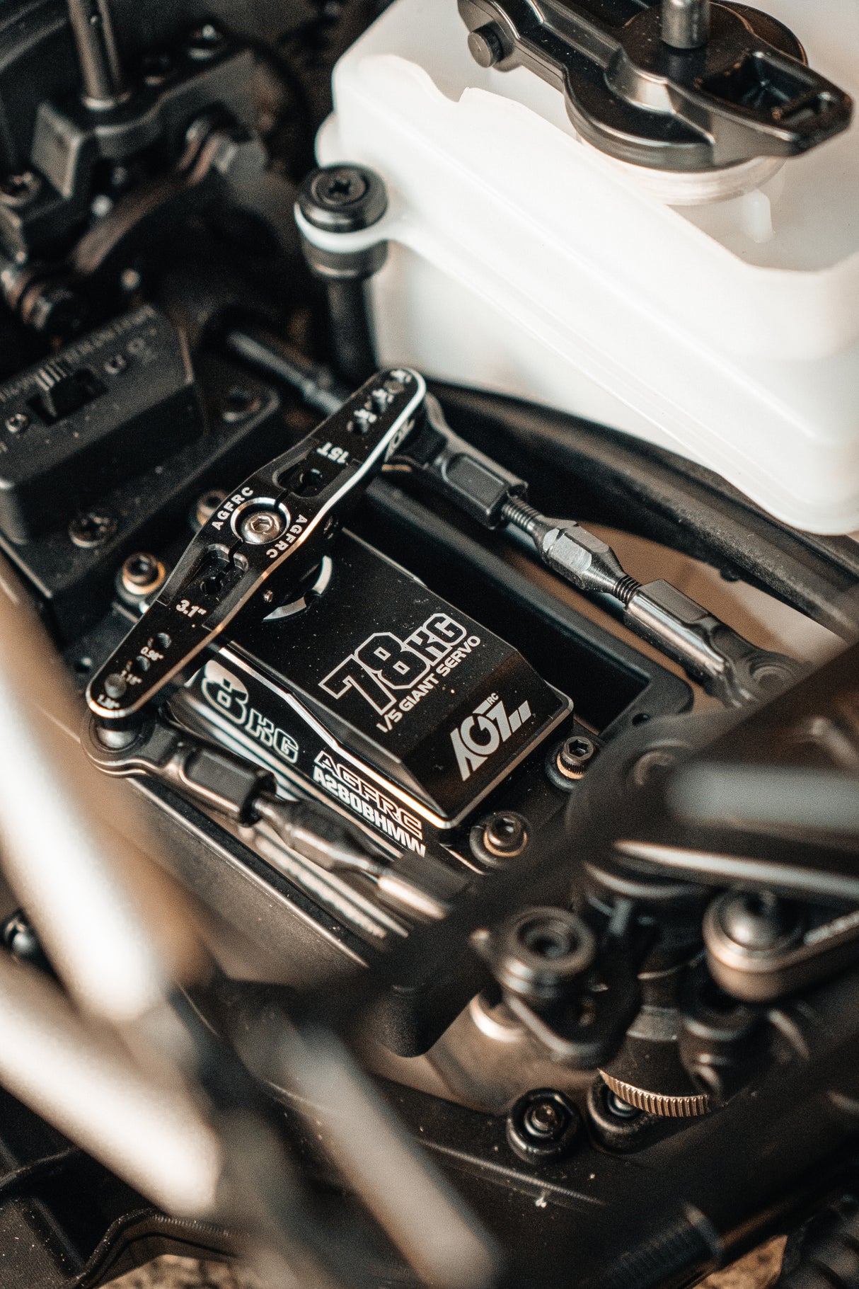 AGFRC 78kg servo detailed view in MCD Racing radio tray