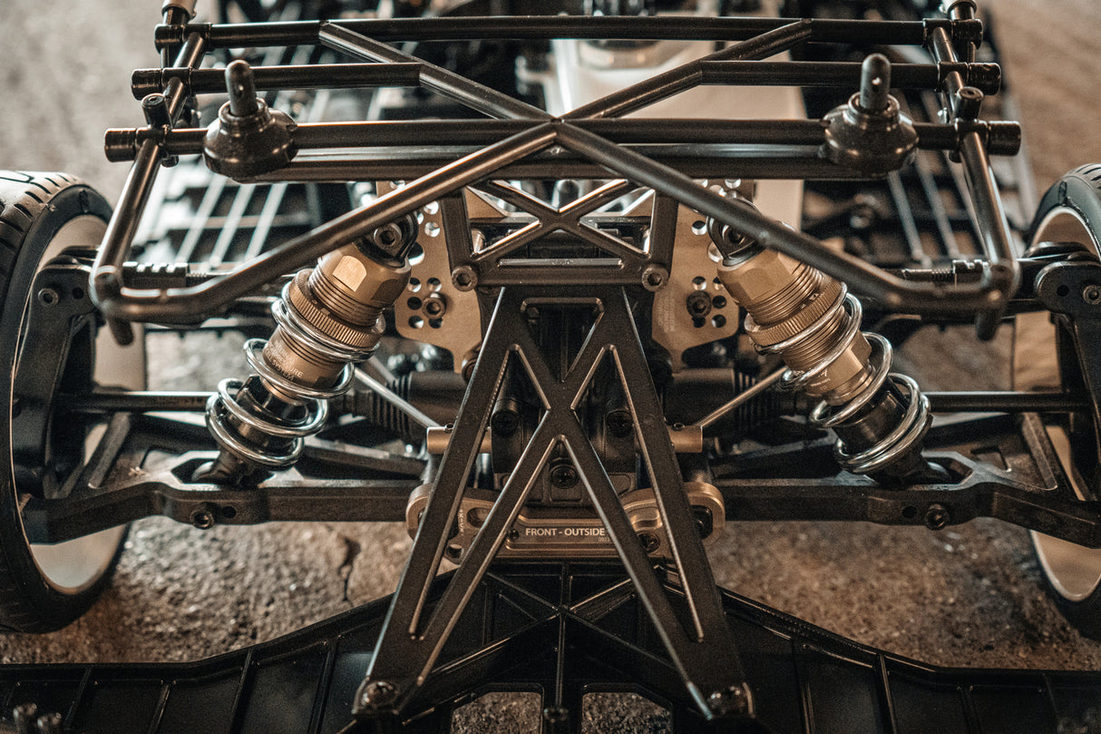 MCD racing rally car front shocks and gearbox assembly