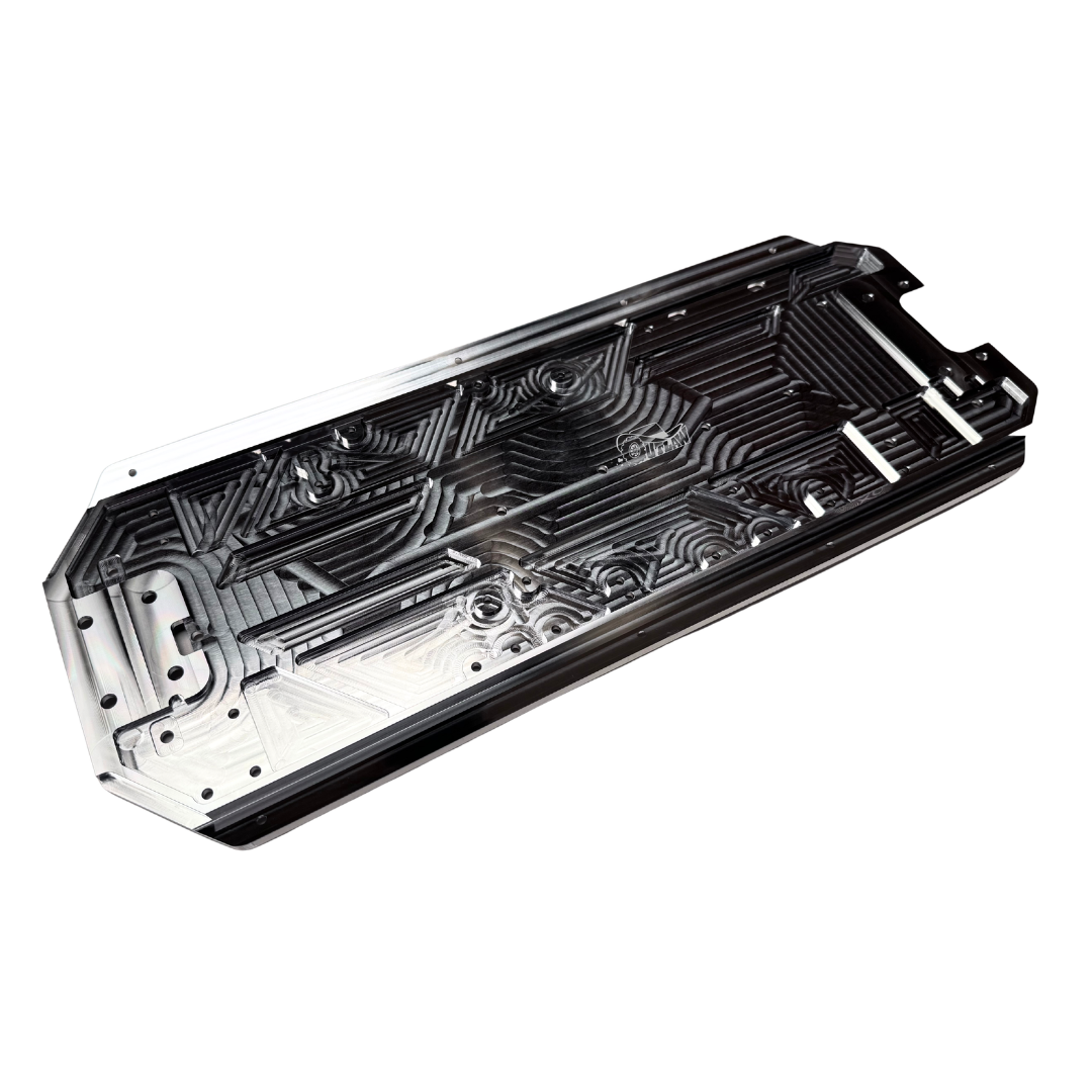 Angled view of Outlaw V4 Billet Hybrid Slider kit version machined billet chassis in raw silver aluminium