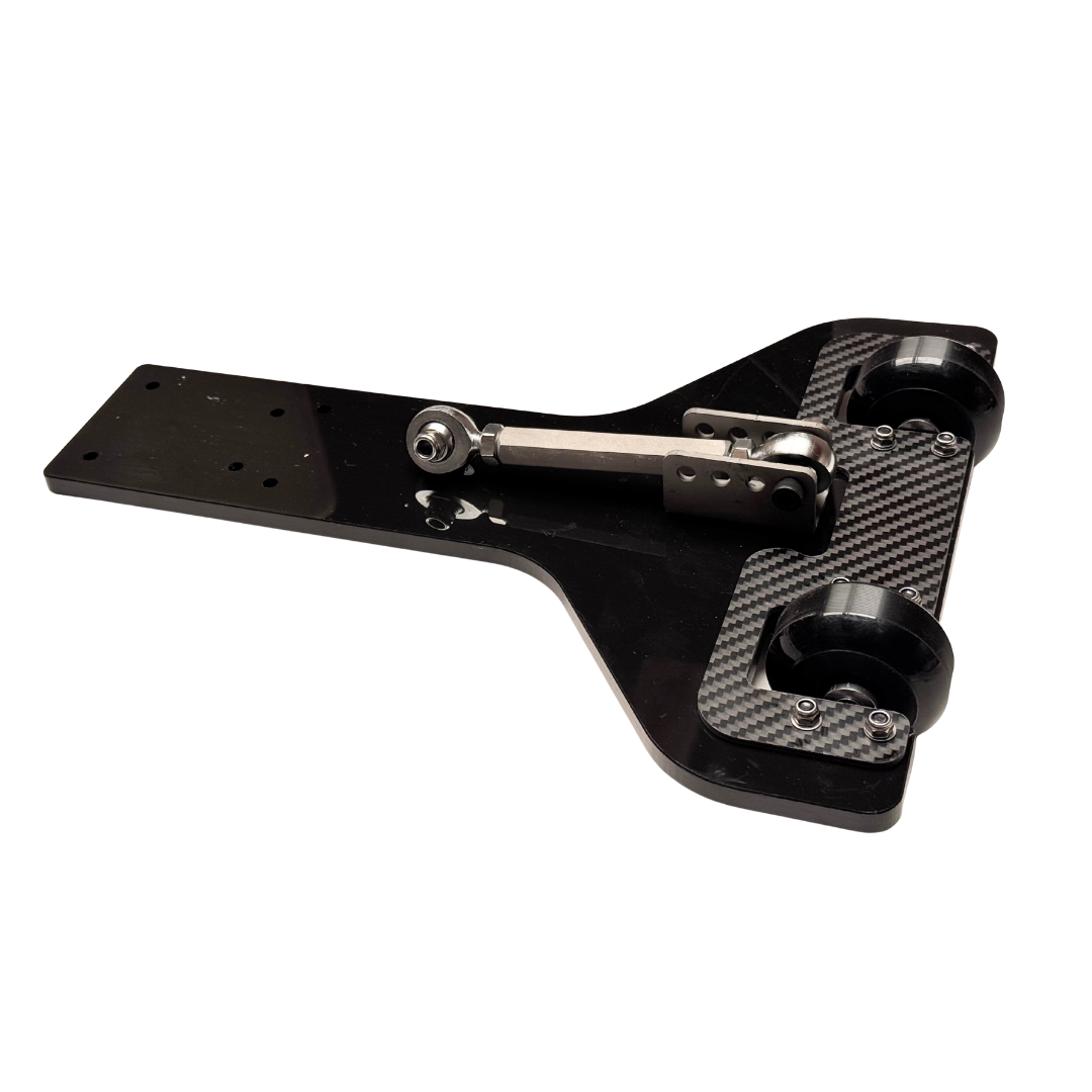 Top view of Outlaw V4 Billet Hybrid Slider kit version wheelie bar with carbon fibre plates and rollers