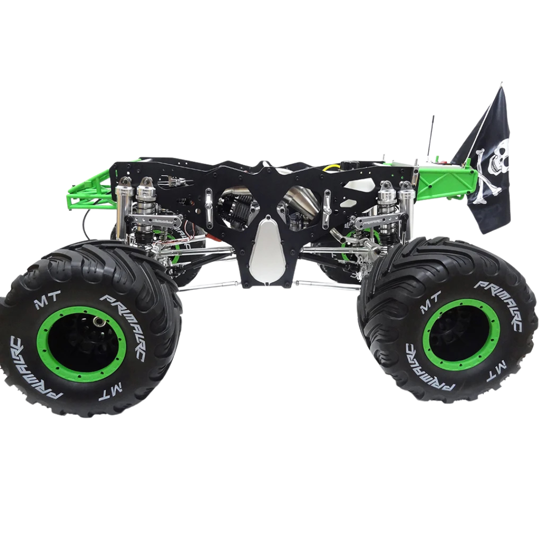 Monster truck model with large wheels and a skull and crossbones design on a white background