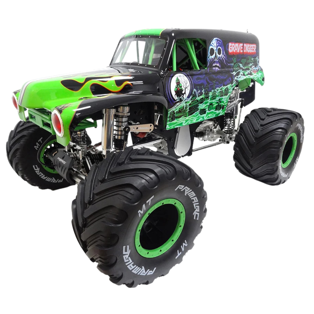 Green monster truck with large black tires on a white background