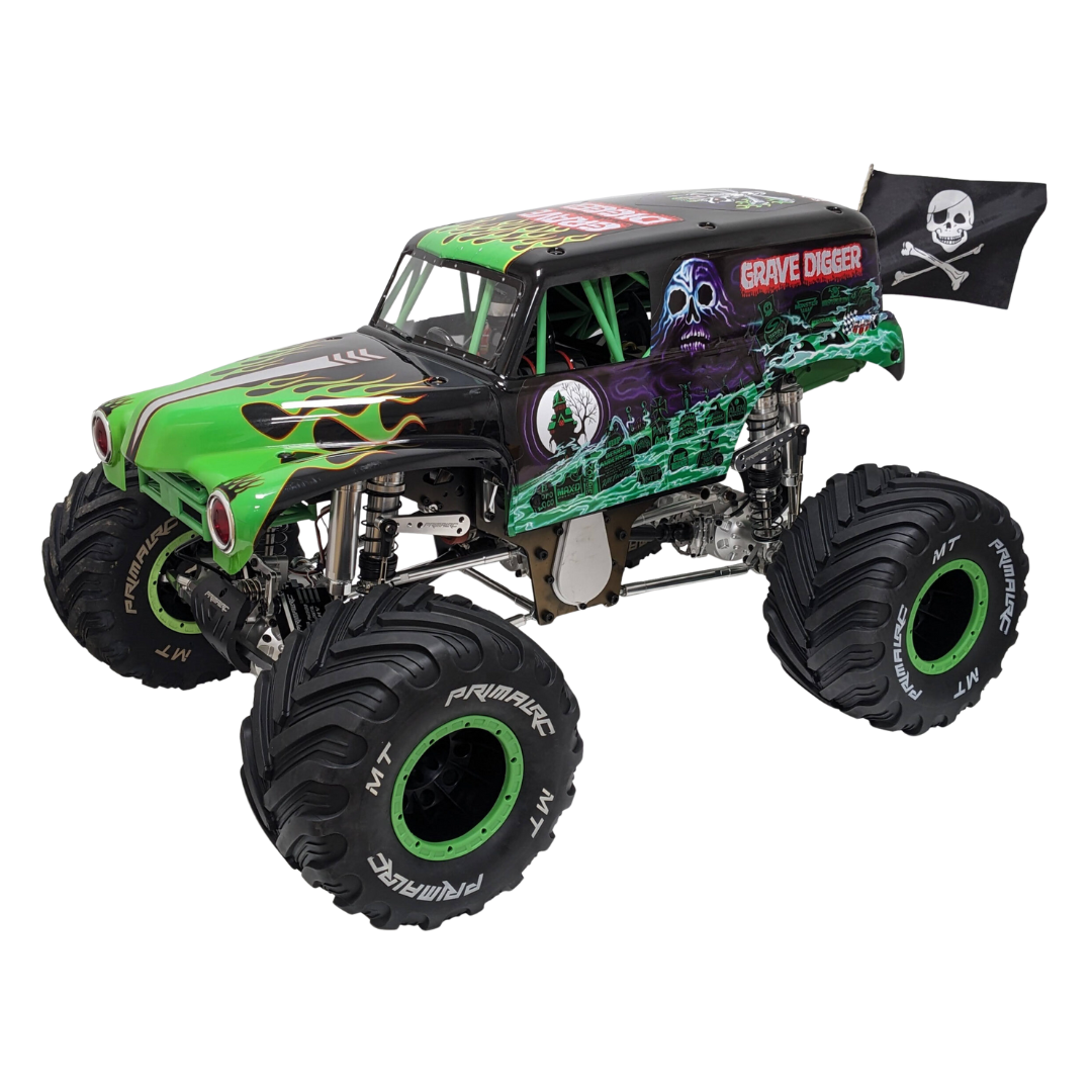 Toy monster truck with green and black design on a white background