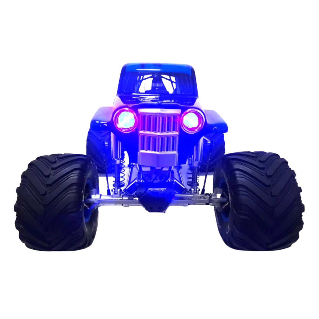 Toy monster truck with blue lights on a white background