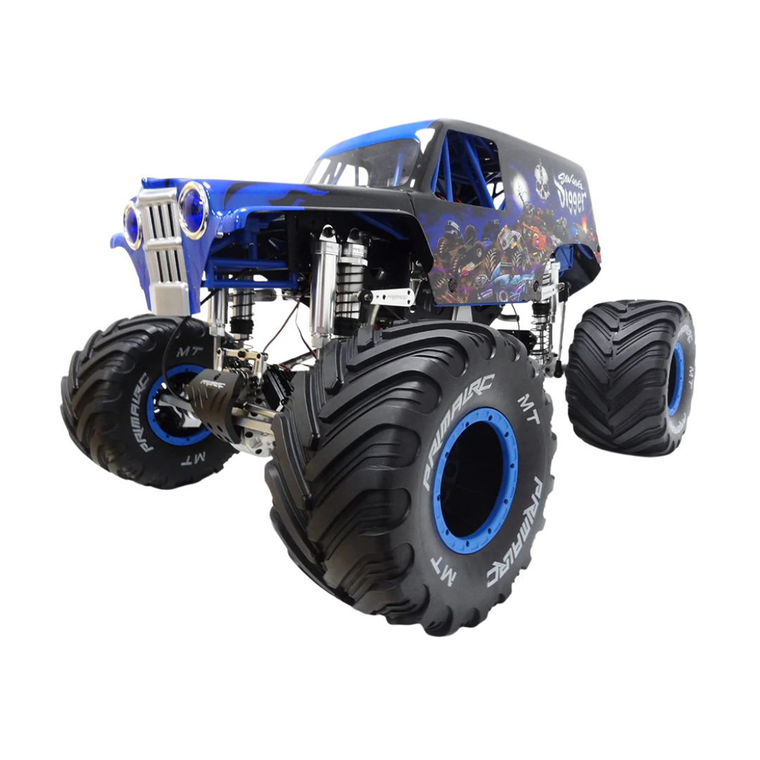 Monster truck with large black tires and blue accents on a white background