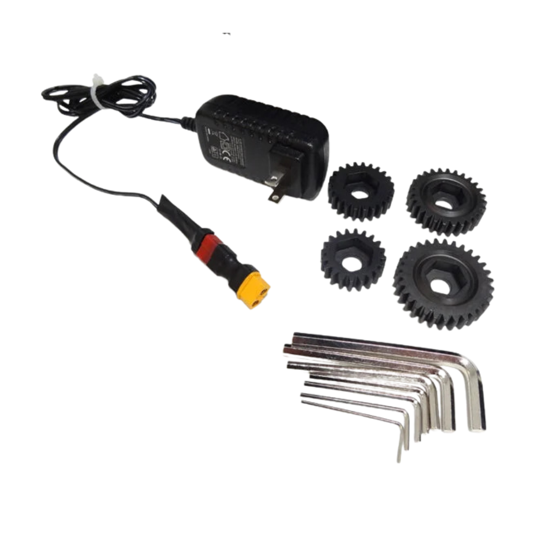 Electrical adapter, gears, and Allen wrenches on a white background