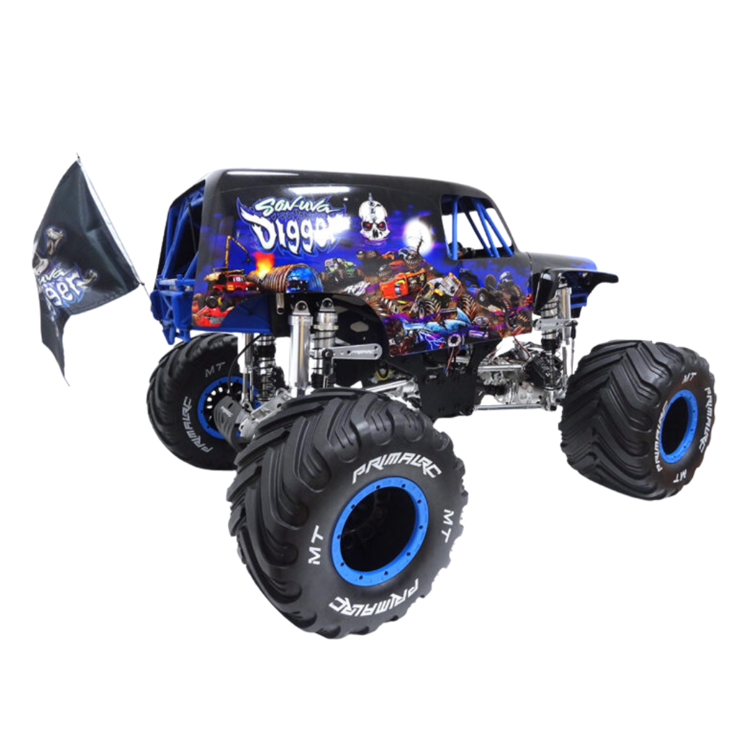 Colorful monster truck with large tires on a white background