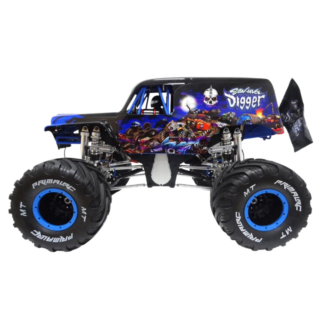 Monster truck with large wheels and detailed design on a white background