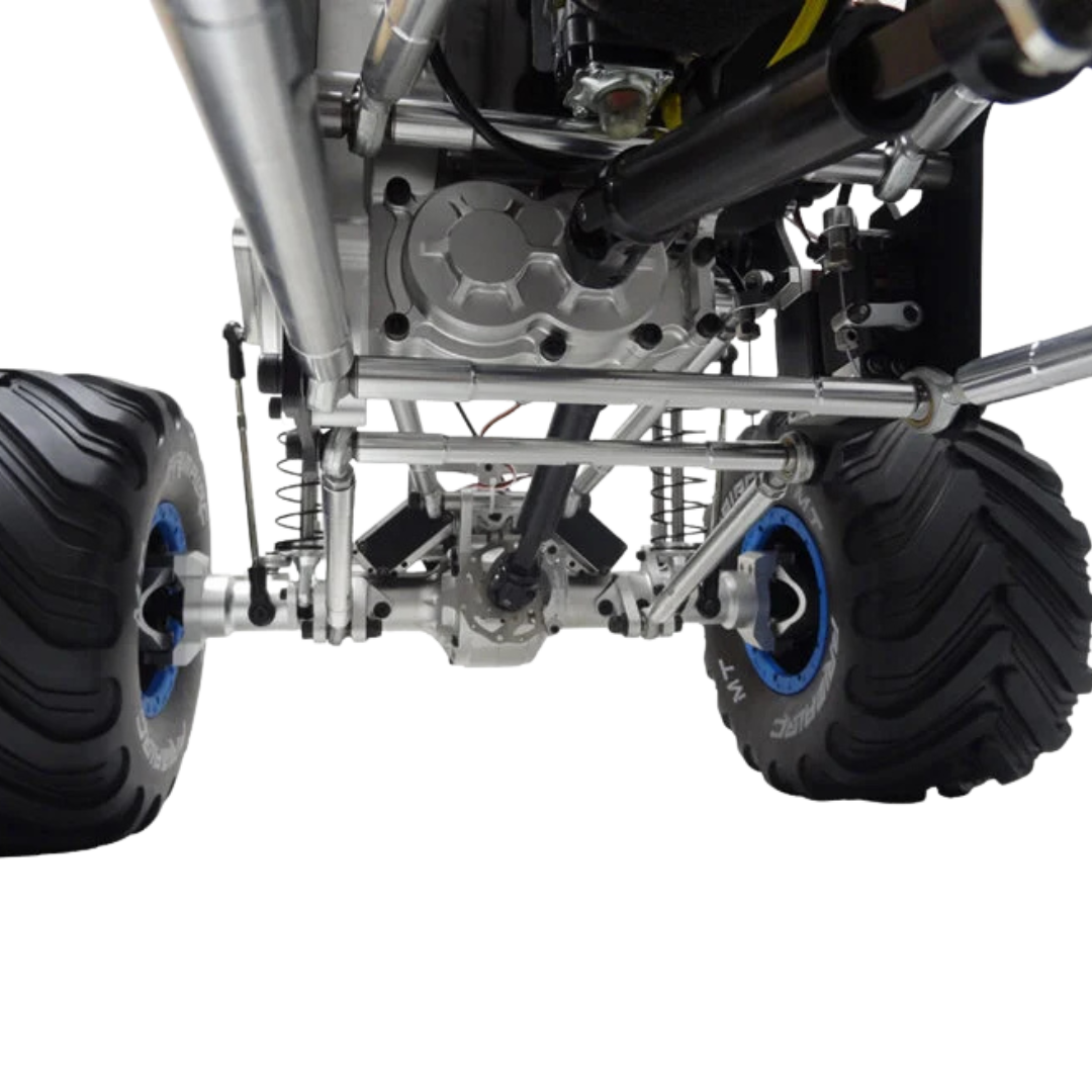 Close-up of a vehicle's suspension system on a white background