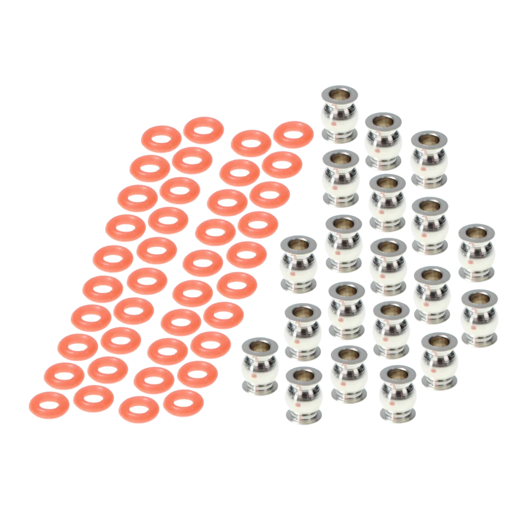 Set of red washers and silver metal washers on a white background